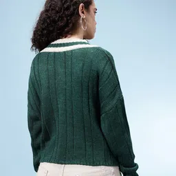 glitchez Cable Knit Contrast Neckline High-Low Crop Pullover image 4