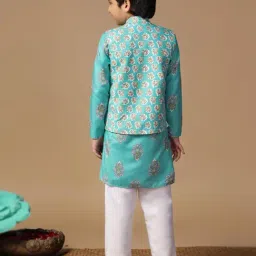 Fashion Dream Boys Teal Blue Floral Kurta and Pyjama with Jacket image 2