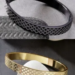 NVR Men Set of 2 Gold & Black Rhodium-Plated Stainless Steel Kada Bracelet-image-40