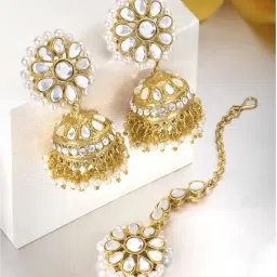 Peora Gold Plated Kundan Pearl Jhumki Earrings & Maang Tikka Set-picture-39