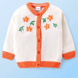 Babyhug Knitted Full Sleeves Front Open Sweater with Floral Embroidery - Orange & White-picture-11