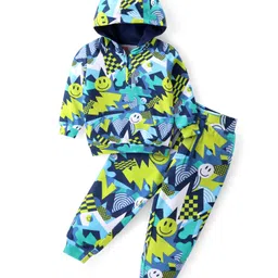 Babyhug Terry Knit Full Sleeves Hooded T-Shirt & Lounge Pants Set Smile Print - Navy-picture-10