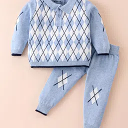 ToffyHouse Knitted Cotton Full Sleeves Collared Sweater Set With Argyle Design - Sky Blue-image-28