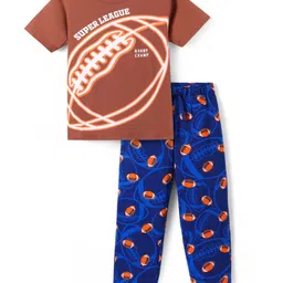 Pine Kids Single Jersey Knit Half Sleeves Night Suit with Rugby Ball Print - Navy Blue & Brown-picture-14