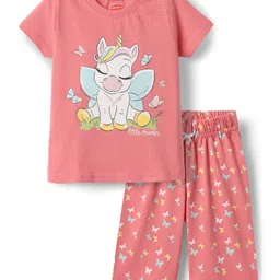 Babyhug Cotton Knit Half Sleeves Capri Night Suit With Unicorn & Butterfly Print - Pink-picture-36