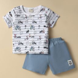 CUCUMBER Sinker Knit Half Sleeves Shorts Night Suit With Bear Print - White-picture-33