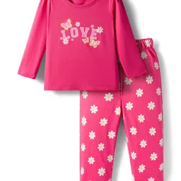 Babyhug Cotton Knit Full Sleeves Night Suit With Floral & Text Print - Pink-picture-11
