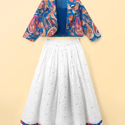 Pine Kids Woven Choli Lehenga Set with Full Sleeves Jacket & Floral Print - White & Blue-picture-22