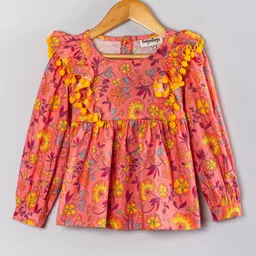 Hugsntugs Cotton Woven Full Sleeves Floral Printed Pom Pom Embellished Top - Peach-picture-24