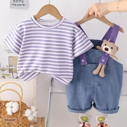 POP STREET KIDS Cotton Knit Teddy Bear Applique Detailed Dungaree With Half Sleeves Striped Tee - Purple-picture-12