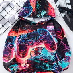 Bolly Lounge Cotton Knit Full Sleeves Gaming Console Printed Light Winter Hooded Sweatshirt - Black-picture-12