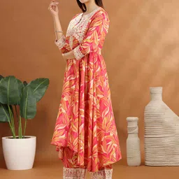 COTTON CULTURE Floral Printed Pleated Thread Work Pure Silk A-Line Kurta With Trousers image 4