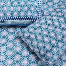 SHAHENAZ Turquoise Blue & White Floral Cotton 120 TC Queen Bedsheet with 2 Pillow Covers-picture-20