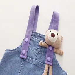 POP STREET KIDS Cotton Knit Teddy Bear Applique Detailed Dungaree With Half Sleeves Striped Tee - Purple image 5