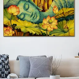 nestroots Green & Yellow Serene Buddha Lotus Canvas Painting Wall Art-image-31