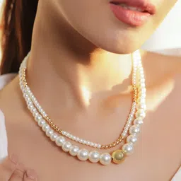 Rubans Brass Women 18K Gold-Plated Dual-Layer Pearl & Golden Beaded Statement Necklace image 2