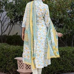 KALINI Floral Printed V-Neck Pure Cotton A-Line Kurta With Trousers & Dupatta image 2