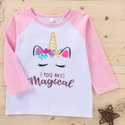 Kookie Kids Full Sleeves T-Shirt Unicorn & Text Print - Pink White-picture-26