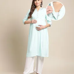 Bella Mama Three Fourth Sleeves Embroidered Yoke Maternity Ethnic Kurta - Blue-picture-10
