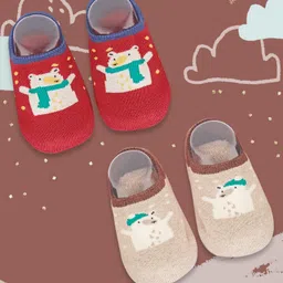 Baby Moo Bear In Snow Design 2 Pair Of Socks - Red Beige-image-9