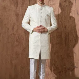 Aesthelia Self Design Mandarin Collar Pure Silk Sherwani-picture-38