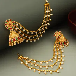 Anouk Gold Plated Kundan Studded And Pearls Beaded Dome Shaped Jhumkas With Ear Chain-image-17