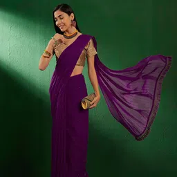 Maroosh Women Purple Striped Saree With Blouse-image-0