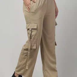 CROWN KING Women Solid Straight Fit Easy Wash Cargos Trousers image 5