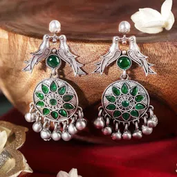 Priyaasi Silver-Plated Artificial Beads Studded Contemporary Chandbalis Earrings image 2