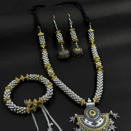 NAMAN ARTS Gold Plated Artificial Beads Beaded Oxidised Floral Jewellery Set-picture-35
