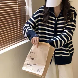 KPOP Women Striped Pullover image 1