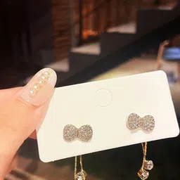 TheVineGirl Gold Plated Cubic Zirconia Studded Tasseled Bow Shaped Korean Drop Earrings-picture-28