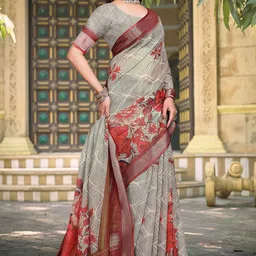 ZILVIRA Floral Printed Zari Pure Linen Block Print Saree image 3