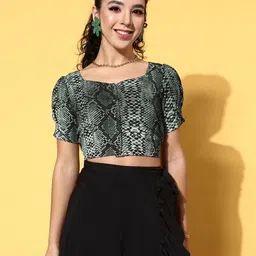 Moda Rapido Women Animal Printed Sweetheart Neck Puff Sleeve Blouson Crop Top-picture-16