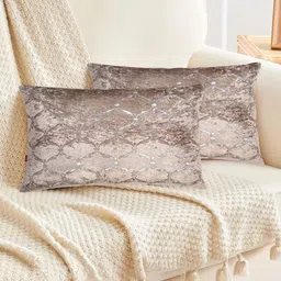 Tesmare Beige Set of 2 Ethnic Motifs Velvet Rectangle Cushion Covers-picture-14