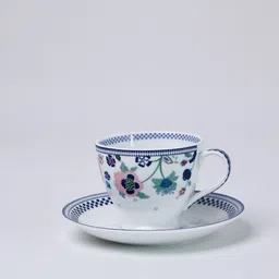 CLAY CRAFT White & Blue 12 Pieces Printed Ceramic Glossy Ceramic Cup & Saucer image 2