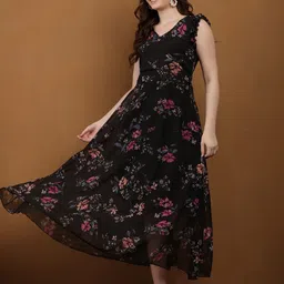 Elizy Women Floral Printed Flutter Sleeve Ruffled Georgette A-Line Midi Dress-picture-38