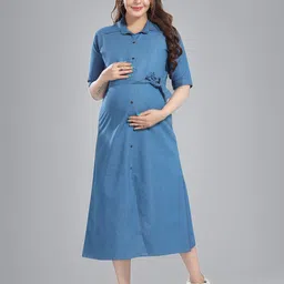 MomsBae Women Shirt Collar A-Line Maternity Dress-picture-14