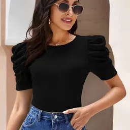 Casual Puff Sleeves Self Design Women Black Top-image-11