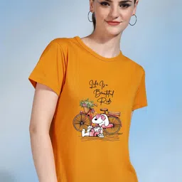 chozi Women Printed Round Neck Cotton Blend Yellow T-Shirt-picture-12