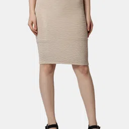 Women Solid Pencil Beige Skirt-image-0