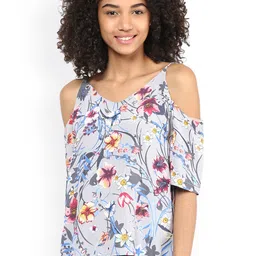 Harpa Women Grey Crepe Printed Cold Shoulder Top-picture-20