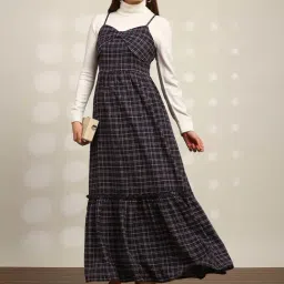 Globus Women Red Checkered Strappy Sleeves Sweetheart Neck Smocked Tiered Fit & Flare Maxi Dress-picture-25