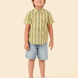 Fabindia Kids Green Cotton Hand Block Printed Shirt image 5