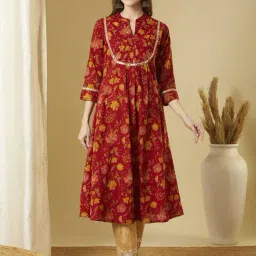 Fashor Red Pure Cotton Regular Fit Printed Kurta-image-82
