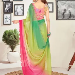 Satrani Green & Pink Ombre Saree With Unstitched Blouse image 5