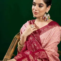 Satrani Rose Pink & Red Woven Saree With Unstitched Blouse image 5