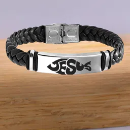 M Men Style Men Silver-Plated Jesus Braided Leather Weave Cuff Bracelet-picture-32