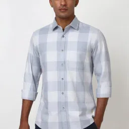 Peter England Blue Cotton Slim Fit Checks Shirt-picture-26