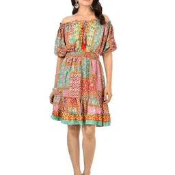 ADC SHEMONA Angelina Women Bohemian Printed Off-Shoulder Bishop Sleeve Fit & Flare Dress-image-64